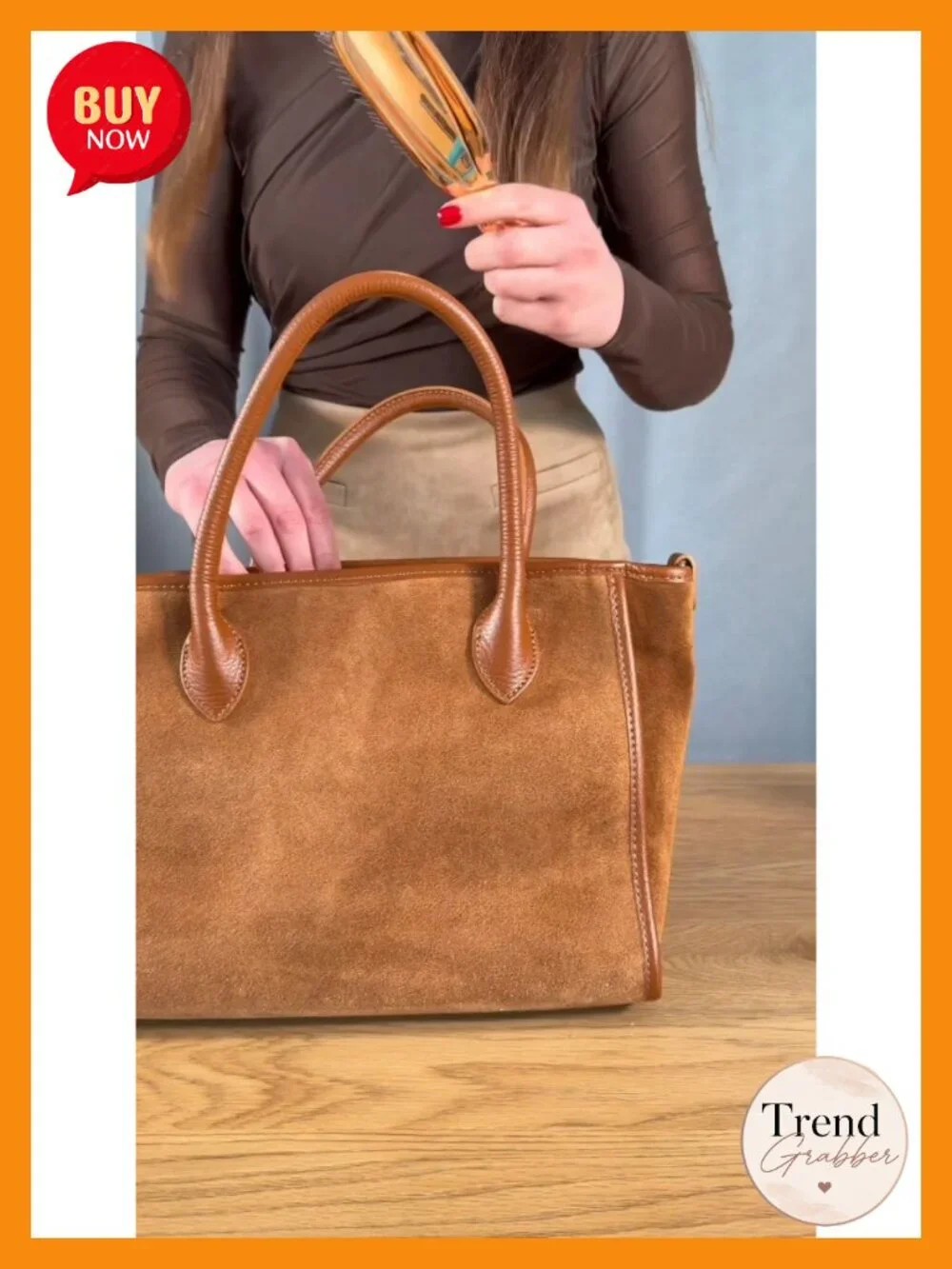 Genuine Suede Top-Handle Bag with Calf Leather Trim and Crossbody Strap